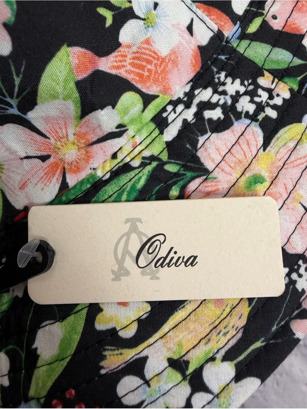 NWT Odiva Floral Bucket Hat - Black with Pink, Green & Blue Flowers